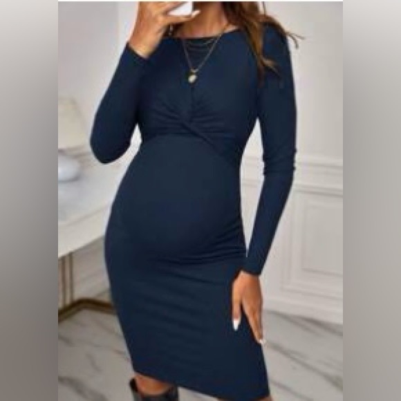 SHEIN Maternity Twist Front Rib-knit Bodycon Dress Navy Blue - Picture 1 of 3
